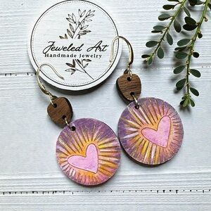 Jeweled Art Hand-Painted Pink Heart Sunburst Engraved Wood Circle Earrings